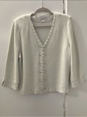 St. John Cream Knit Necklace-Trim Sweater